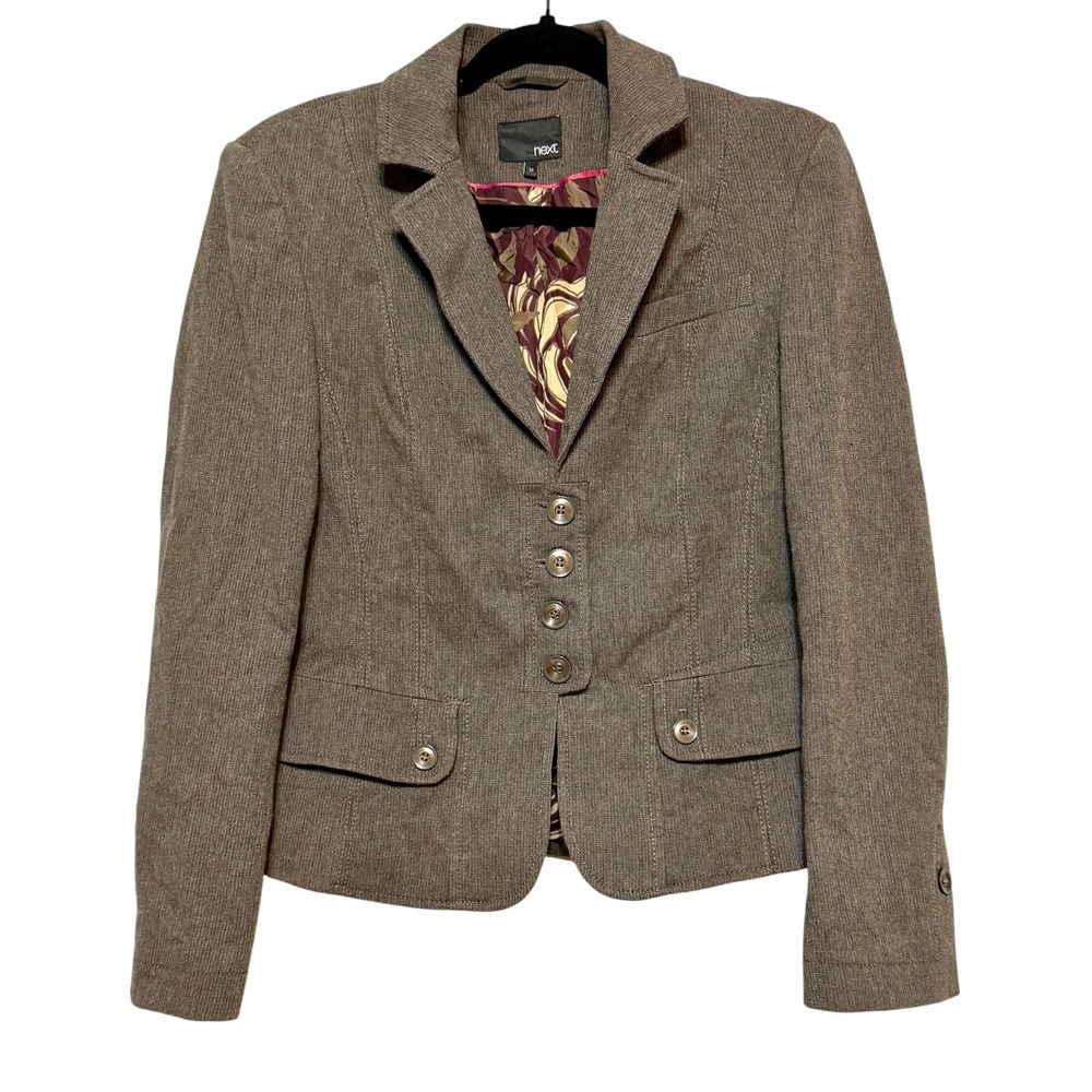 Next Dark Academia Tailored Tweed Blazer Women Size 8 Brown Classic Office Siren
